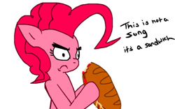 Size: 900x563 | Tagged: safe, artist:invader-star-irken, derpibooru import, pinkie pie, 2012, food, frown, sandwich, sub sandwich, talking to viewer, thick eyebrows