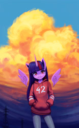 Size: 1500x2422 | Tagged: safe, artist:mrscroup, twilight sparkle, twilight sparkle (alicorn), alicorn, anthro, 42, clothes, cloud, cute, dawn, female, floating wings, hoodie, looking at you, mare, no tail, outdoors, pants, power line, pylon, sky, smiling, solo, tree, twiabetes