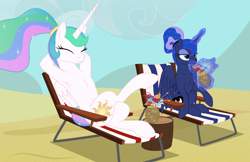 Size: 4633x2995 | Tagged: safe, artist:grypher, princess celestia, princess luna, alicorn, pony, between dark and dawn, alternate hairstyle, armpits, beach, beach chair, belly button, crossed legs, cute, cutelestia, drink, drinking, duo, eyes closed, female, missing accessory, ponytail, royal sisters, siblings, sisters, sitting, sunbathing