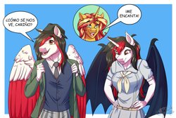 Size: 3795x2543 | Tagged: safe, artist:jack-pie, sunset shimmer, oc, anthro, bat pony, pegasus, unicorn, bat pony oc, clothes, commission, high res, open mouth, pants, pegasus oc, spanish