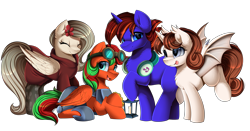 Size: 4309x2250 | Tagged: safe, artist:pridark, oc, oc only, alicorn, bat pony, bat pony alicorn, pegasus, pony, unicorn, alicorn oc, bat pony oc, bat wings, clothes, commission, crossed hooves, goggles, group, headphones, hoodie, horn, tongue, tongue out, wings