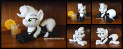 Size: 4440x1754 | Tagged: safe, artist:peruserofpieces, derpibooru import, oc, oc:petina, unicorn, alcohol, beanie (plushie), boots, cherry, clothes, dress, female, food, irl, jewelry, little black dress, looking at you, lying down, mare, necklace, photo, plushie, prone, shoes, smiling, smiling at you, solo, sploot, whiskey