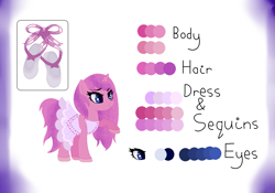 Size: 1201x841 | Tagged: safe, artist:thatartyanimelover, derpibooru import, oc, oc:tutu twinkletoes, unicorn, ballerina, ballet, ballet slippers, blue eyes, clothes, cutie mark, horn, reference sheet, sequins, tutu, unicorn oc