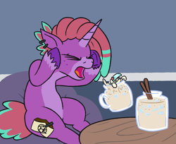 Size: 1053x861 | Tagged: safe, artist:jargon scott, derpibooru import, coco pommel, oc, oc:piropie, pony, unicorn, adorable distress, cute, distressed, horchata, imminent vore, jar, magic, meme parody, simple background, squatpony, struggling, telekinesis