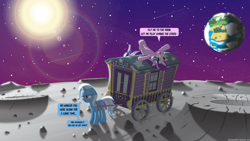 Size: 3840x2160 | Tagged: safe, artist:le-23, derpibooru import, pinkie pie, starlight glimmer, trixie, pony, unicorn, complex background, crater, earth, female, fly me to the moon, frank sinatra, high res, lens flare, mare, moon, on the moon, song reference, speech bubble, stars, sun, trixie is not amused, trixie's wagon, unamused