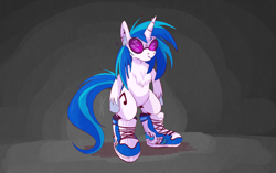 Size: 1352x848 | Tagged: safe, artist:voreburger, derpibooru import, dj pon-3, vinyl scratch, pony, unicorn, bipedal, chest fluff, clothes, ear fluff, ear piercing, earring, ears, female, high tops, jewelry, mare, piercing, shoes, simple background, smiling, sneakers, solo