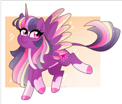 Size: 3000x2562 | Tagged: safe, artist:emera33, derpibooru import, twilight sparkle, twilight sparkle (alicorn), alicorn, pony, colored hooves, colored wings, female, leonine tail, mare, multicolored mane, multicolored wings, redesign, signature, simple background, smiling, socks (coat marking), solo, wings