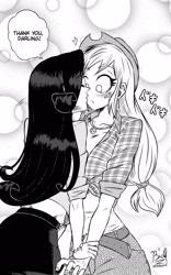 Size: 1000x1600 | Tagged: safe, artist:bidzinha, derpibooru import, applejack, rarity, human, blushing, female, humanized, japanese, kissing, lesbian, monochrome, rarijack, shipping