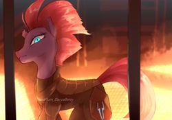 Size: 2000x1400 | Tagged: safe, artist:daryaberry, derpibooru import, tempest shadow, pony, unicorn, my little pony: the movie, broken horn, cage, female, horn, mare, open up your eyes, scene interpretation, signature, solo