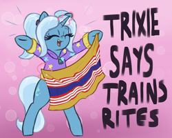 Size: 2268x1812 | Tagged: safe, artist:t72b, derpibooru import, trixie, pony, unicorn, abstract background, alternate hairstyle, babysitter trixie, bipedal, clothes, flag, hoodie, hoof hold, magic, mouthpiece, parody, pride flag, pun, solo