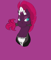 Size: 3000x3500 | Tagged: safe, artist:spagootispootis, derpibooru import, tempest shadow, unicorn, broken horn, bust, clothes, duster, eye scar, horn, maid, maid headdress, mouth hold, purple background, scar, simple background