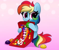 Size: 4096x3474 | Tagged: safe, artist:kittyrosie, derpibooru import, rainbow dash, pegasus, pony, candy, cute, dashabetes, digital art, female, food, mare, skittles, smiling, solo