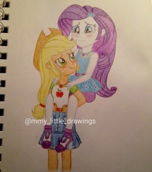 Size: 1080x1214 | Tagged: safe, artist:mmy_little_drawings, derpibooru import, applejack, rarity, equestria girls, blushing, clothes, eyelashes, female, hat, lesbian, looking back, piggyback ride, rarijack, shipping, shoes, skirt, traditional art, watermark