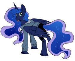 Size: 1280x1040 | Tagged: safe, artist:cosmalumi, derpibooru import, princess luna, alicorn, pony, clothes, ethereal mane, female, hoodie, looking back, mare, missing accessory, mlem, signature, silly, simple background, smiling, starry mane, tongue, tongue out, white background