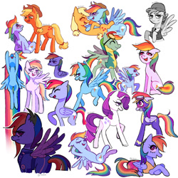 Size: 1000x1000 | Tagged: safe, artist:risswm, derpibooru import, applejack, rainbow dash, rarity, earth pony, pegasus, pony, unicorn, accessory swap, alternate timeline, apocalypse dash, appledash, blushing, clothes, crystal war timeline, female, lesbian, raridash, shipping, spread wings, uniform, wings, wonderbolt trainee uniform, wonderbolts uniform