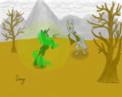 Size: 5000x4000 | Tagged: safe, artist:creepycutiemark, derpibooru import, oc, alicorn, hellhound, pony, fallout equestria, green alicorn (fo:e), mountain, tree