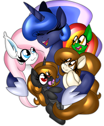 Size: 1670x2030 | Tagged: safe, artist:ladylullabystar, derpibooru import, princess luna, oc, alicorn, dracony, dragon, hybrid, pony, female, group hug, hug, mare, pacifier, simple background, transparent background