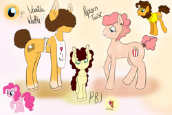 Size: 3000x2000 | Tagged: safe, artist:silverderpychu, derpibooru import, cheese sandwich, pinkie pie, oc, oc:pbj, oc:popcorn twist, oc:vanilla waffle, earth pony, pony, afro, apron, cheesepie, clothes, colt, cutie mark, female, filly, hair over eyes, male, shipping, siblings, straight