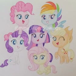 Size: 998x998 | Tagged: safe, artist:mmy_little_drawings, derpibooru import, applejack, fluttershy, pinkie pie, rainbow dash, rarity, twilight sparkle, twilight sparkle (alicorn), alicorn, earth pony, pegasus, pony, unicorn, my little pony: pony life, applejack's hat, clothes, cowboy hat, cute, female, hat, looking at you, mane six, mare, obtrusive watermark, one eye closed, open mouth, smiling, smiling at you, watermark, wink, winking at you