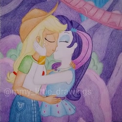 Size: 1015x1015 | Tagged: safe, artist:mmy_little_drawings, derpibooru import, applejack, rarity, better together, equestria girls, rollercoaster of friendship, applejack's hat, bracelet, clothes, cowboy hat, cutie mark, cutie mark on clothes, denim skirt, equestria land, eyes closed, female, geode of shielding, hat, jewelry, kissing, lesbian, magical geodes, rarijack, rarity peplum dress, shipping, skirt