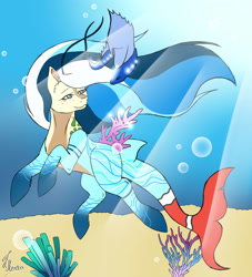 Size: 2575x2833 | Tagged: safe, artist:secretmoonlight, derpibooru import, oc, oc only, fish, merpony, blue eyes, bubble, commission, coral, crepuscular rays, fish tail, flowing mane, ocean, seaweed, solo, sunlight, swimming, tail, underwater, water