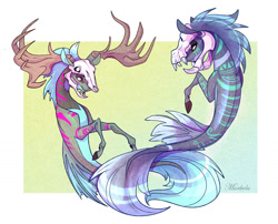 Size: 1280x1032 | Tagged: safe, artist:marbola, derpibooru import, oc, oc only, deer, original species, seapony (g4), commission, fins, fish tail, flowing tail, helmet, horns, looking at each other, pink eyes, signature, simple background, smiling, tail, underwater