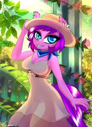 Size: 2000x2760 | Tagged: safe, artist:caliluminos, derpibooru import, oc, anthro, clothes, cute, dress, equine, female, garden