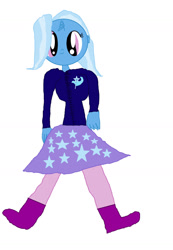 Size: 1280x1849 | Tagged: safe, artist:therealartydancer, derpibooru import, trixie, anthro, blue skin, clothes, female, horn, looking at you, simple background, skirt, solo, two toned hair, white background