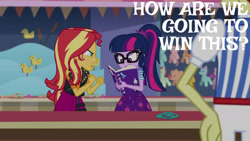 Size: 1280x720 | Tagged: safe, derpibooru import, edit, edited screencap, editor:quoterific, screencap, flam, sci-twi, sunset shimmer, twilight sparkle, better together, equestria girls, rollercoaster of friendship, book, clothes, cutie mark, cutie mark on clothes, glasses, ponytail