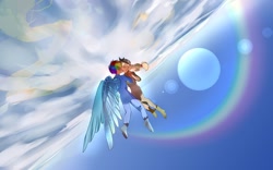 Size: 2048x1282 | Tagged: safe, artist:w33484365, derpibooru import, applejack, rainbow dash, human, appledash, earth, female, flying, humanized, lesbian, shipping, winged humanization, wings