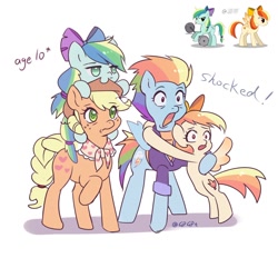 Size: 1024x1024 | Tagged: safe, artist:w33484365, derpibooru import, applejack, rainbow dash, oc, earth pony, pegasus, appledash, earth pony oc, female, lesbian, magical lesbian spawn, offspring, older, older applejack, older rainbow dash, open mouth, parent:applejack, parent:rainbow dash, pegasus oc, ribbon, shipping, shocked, simple background, white background