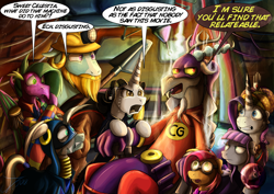 Size: 1250x884 | Tagged: safe, artist:jamescorck, derpibooru import, babs seed, discord, maud pie, rarity, rockhoof, spike, zecora, oc, oc:movie slate, dragon, pony, bowling ball, captain goodguy, mystery men, older, older spike, winged spike