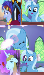 Size: 640x1080 | Tagged: safe, derpibooru import, edit, screencap, hoo'far, prince blueblood, trixie, pony, saddle arabian, unicorn, all bottled up, road to friendship, the best night ever, anti-shipping, bluetrix, cropped, exploitable meme, female, flower, magic, male, mare, rose, shipping, stallion, straight, trixfar, trixie fixing meme