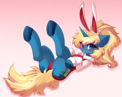 Size: 5292x4227 | Tagged: safe, artist:airiniblock, derpibooru import, oc, oc only, oc:maple parapet, pony, unicorn, blushing, bunny suit, clothes, ear fluff, ears, female, freckles, horn, mare, rcf community, underhoof, unicorn oc