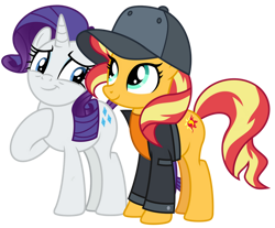 Size: 1024x848 | Tagged: safe, artist:emeraldblast63, derpibooru import, rarity, sunset shimmer, display of affection, equestria girls, equestria girls series, aquamarine eyes, blue eyes, cap, cute, duo, duo female, female, friends, girly girl, happy, hat, multicolored mane, multicolored tail, purple mane, purple tail, shimmerbetes, simple background, smiling, tomboy, transparent background, visor cap, white fur, yellow fur