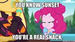 Size: 600x337 | Tagged: safe, derpibooru import, edit, edited screencap, screencap, pinkie pie, sunset shimmer, equestria girls, wake up!, wake up!: pinkie pie, spoiler:eqg series (season 2), bedroom eyes, caption, female, image macro, lesbian, shipping, sunsetpie, text