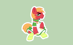 Size: 1294x795 | Tagged: safe, artist:tooadorablebean, derpibooru import, big macintosh, earth pony, pony, annoyed, apron, clothes, collar, commission, crossdressing, dress, green background, maid, male, simple background, sitting, socks, solo, stallion, striped socks, unamused, unshorn fetlocks, ych result