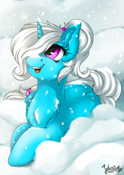 Size: 2894x4093 | Tagged: safe, artist:julunis14, derpibooru import, oc, oc only, oc:pummela, pony, unicorn, chest fluff, commission, cute, digital art, gasp, not trixie, ponytail, signature, snow, snowfall, snowflake, solo