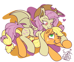 Size: 1381x1158 | Tagged: safe, artist:erenerakhard, derpibooru import, applejack, fluttershy, bat pony, earth pony, pegasus, pony, abstract background, applejack's hat, appleshy, bat ponified, biting, blushing, clothes, cowboy hat, cuddling, ear bite, female, flutterbat, flutterbat biting applejack, grin, hat, heart eyes, hoof hold, lesbian, nibbling, one eye closed, race swap, shipping, simple background, smiling, transparent background, wingding eyes