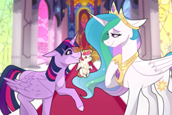 Size: 1280x854 | Tagged: safe, artist:primrosepaper, derpibooru import, princess celestia, twilight sparkle, twilight sparkle (alicorn), oc, alicorn, pony, cutie mark, female, foal, holding a pony, horn, jewelry, magical lesbian spawn, mouth hold, multiple parents, next generation, offspring, parent:applejack, parent:fluttershy, parent:pinkie pie, parent:rainbow dash, parent:rarity, parent:twilight sparkle, parents:omniship, raised hoof, raised leg, regalia, scruff, smiling, stained glass, throne room, what has magic done, wings