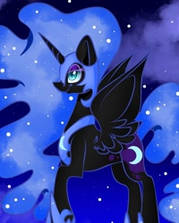 Size: 1080x1350 | Tagged: safe, alternate version, artist:tessa_key_, derpibooru import, nightmare moon, alicorn, pony, colored, ethereal mane, female, helmet, hoof shoes, horn, mare, night, peytral, smiling, solo, starry mane, stars, wings