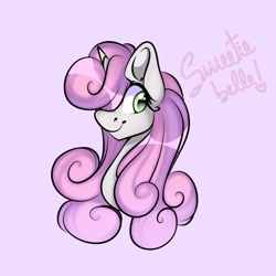 Size: 1080x1080 | Tagged: safe, alternate version, artist:tessa_key_, derpibooru import, sweetie belle, pony, unicorn, bust, colored, cute, diasweetes, eyelashes, female, filly, horn, mare, simple background, smiling, solo