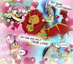 Size: 2000x1740 | Tagged: safe, artist:fluffleart, derpibooru import, discord, fluttershy, draconequus, manticore, pegasus, pony, blushing, comic, discoshy, dream, female, heart, male, mare, shipping, straight