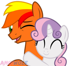 Size: 2470x2192 | Tagged: safe, artist:amgiwolf, derpibooru import, sweetie belle, oc, earth pony, pony, unicorn, bust, duo, earth pony oc, eyelashes, eyes closed, female, filly, horn, hug, male, one eye closed, simple background, smiling, stallion, transparent background, wink