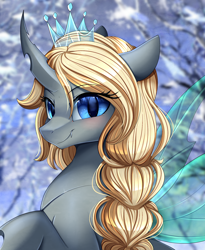 Size: 1446x1764 | Tagged: safe, artist:pridark, oc, oc only, changeling, beautiful, blonde, blonde mane, blue eyes, blushing, bust, commission, cute, female, horn, looking at you, portrait, pretty, raised hoof, raised leg, smiling, solo