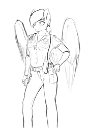 Size: 2400x3600 | Tagged: safe, artist:d-lowell, oc, oc only, oc:atom bomb, anthro, pegasus, augmented, black and white, clothes, female, grayscale, mare, monochrome, police, police officer, police uniform, sketch, solo