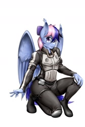 Size: 1200x1800 | Tagged: safe, artist:d-lowell, oc, oc only, oc:wind of the skies, anthro, pegasus, unguligrade anthro, clothes, freckles, glasses, kneeling, looking at you, pegasus oc, simple background, solo, white background, wings