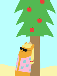 Size: 1536x2048 | Tagged: safe, artist:2merr, applejack, earth pony, pony, /mlp/, apple, apple tree, beach, blob ponies, blue background, clothes, drawn on phone, drawthread, female, food, hat, hawaiian shirt, island, pine tree, ponytail, pun, requested art, sand, shirt, simple background, smiling, solo, straw hat, sunglasses, tiny hat, tree, visual pun