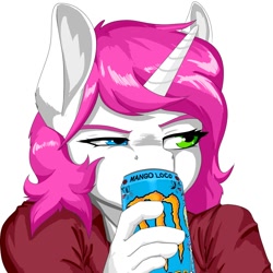 Size: 1200x1200 | Tagged: safe, artist:d-lowell, oc, oc only, oc:bubblegum kiss, anthro, unicorn, blue eye, bust, clothes, female, green eye, heterochromia, horn, mare, monster energy, raised eyebrow, simple background, solo, unicorn oc, white background