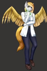 Size: 1200x1800 | Tagged: safe, artist:d-lowell, oc, oc only, oc:luxana andraid, anthro, pegasus, plantigrade anthro, artificial wings, augmented, blonde, blonde hair, blonde tail, clothes, female, golden eyes, gray background, lab coat, looking at you, mare, mechanical wing, pegasus oc, simple background, solo, spread wings, test tube, wings